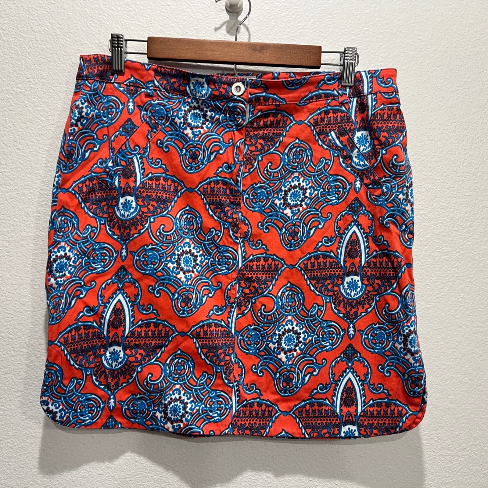 Elliott Lauren Womens 12 Mini Skirt Orange Blue Paisley Medallion Made Usa Retro
